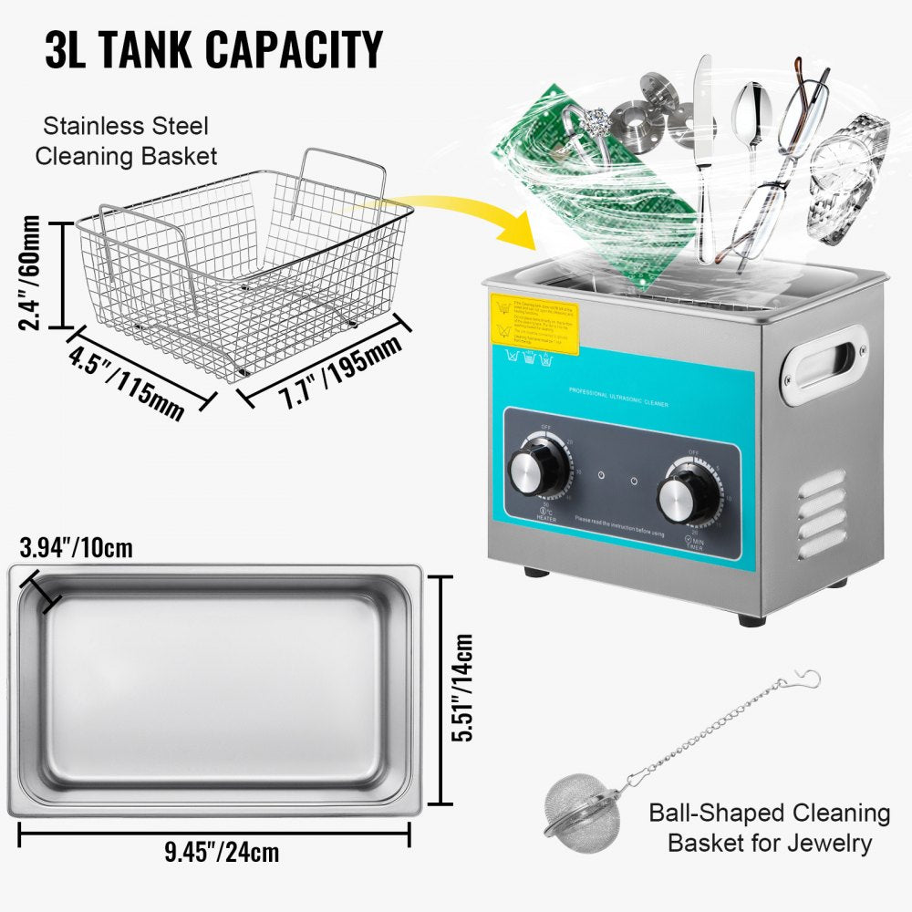 010874548058 - 3L Stainless Steel Ultrasonic Cleaner with Heating & Timer