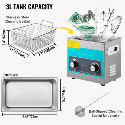 010874548058 - 3L Stainless Steel Ultrasonic Cleaner with Heating & Timer