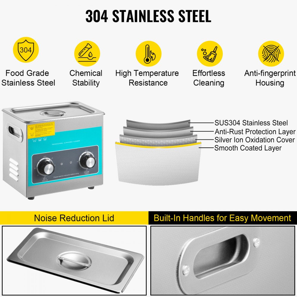 010874548058 - 3L Stainless Steel Ultrasonic Cleaner with Heating & Timer