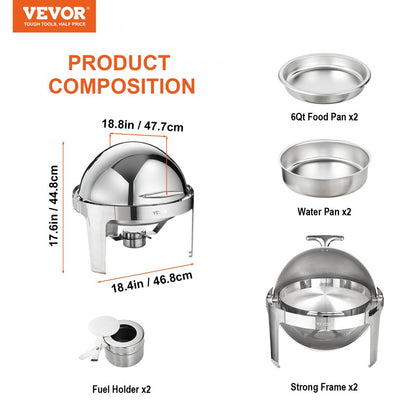 DT-C1101 - VEVOR Stainless Steel Roll-Top Chafing Dish Set, 6 Qt Dual Function