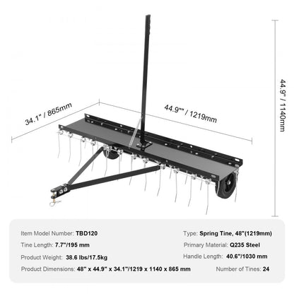 TBD120 - 48" Lawn Dethatcher with Adjustable Tines and Durable Steel Build