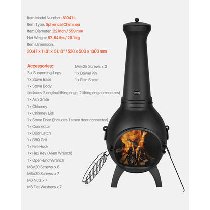 81041-L - 22" Durable Aluminum Chiminea with BBQ Grill & Waterproof Coat