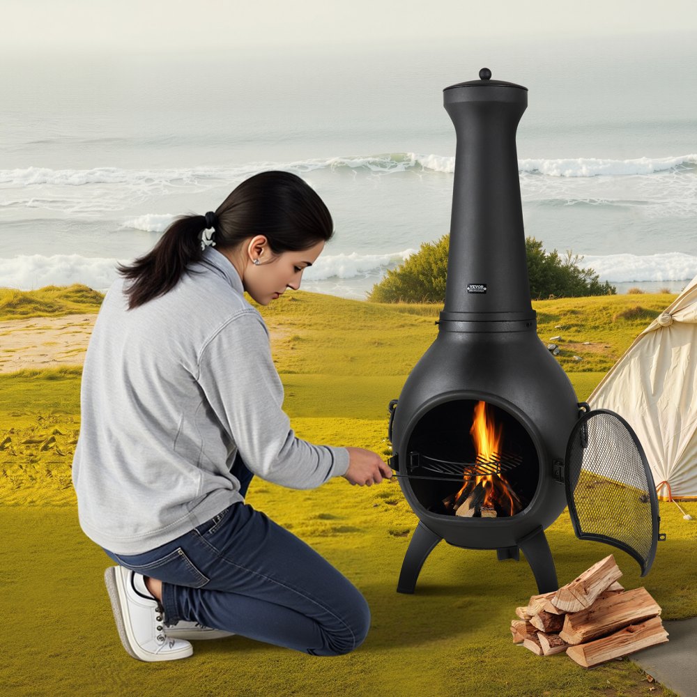 81041-L - 22" Durable Aluminum Chiminea with BBQ Grill & Waterproof Coat