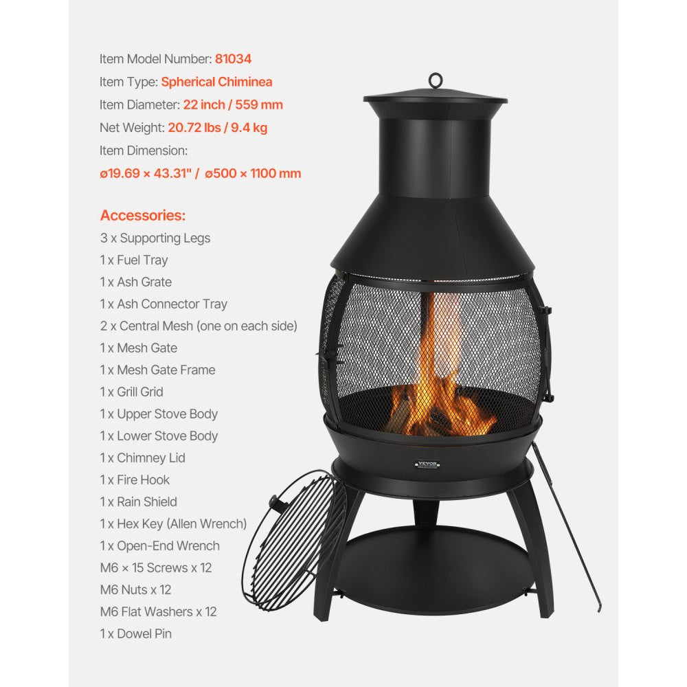 81034 - 22-Inch Iron Chiminea with BBQ Grill & Waterproof Cover