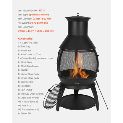 81034 - 22-Inch Iron Chiminea with BBQ Grill & Waterproof Cover