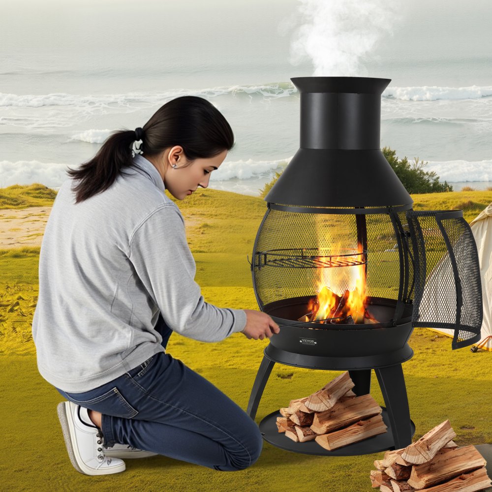 81034 - 22-Inch Iron Chiminea with BBQ Grill & Waterproof Cover