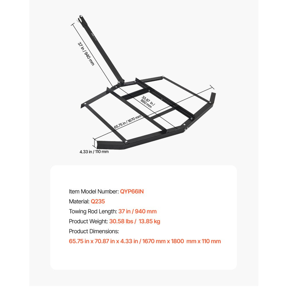 QYP66IN - Durable 66" Steel Drag Harrow for ATVs and UTVs