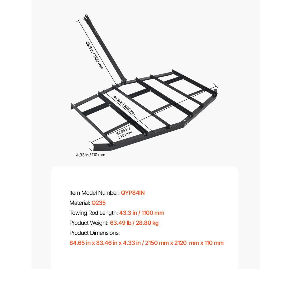 QYP84IN - Heavy-Duty 84" Steel Tow Behind Drag Harrow with Adjustable Depth