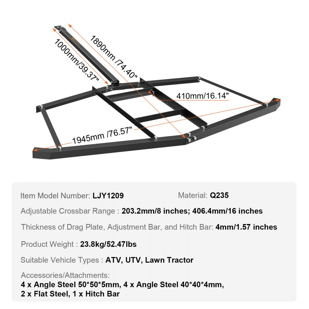 LJY1209 - VEVOR 74" Driveway Drag Harrow, Adjustable Weight for Gravel Maintenance