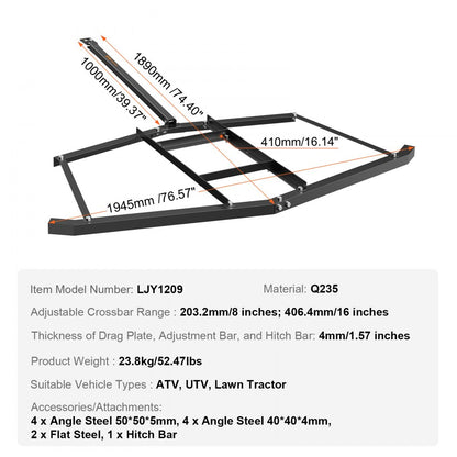 LJY1209 - VEVOR 74" Driveway Drag Harrow, Adjustable Weight for Gravel Maintenance