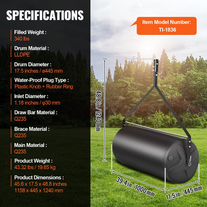 TI-1836 - 400lbs Heavy-Duty Tow-Behind Lawn Roller for Optimal Seed Germination