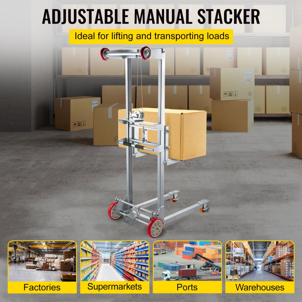 551 lbs Manual Winch Stacker - 63" Height Steel Lift with Adjustable Forks