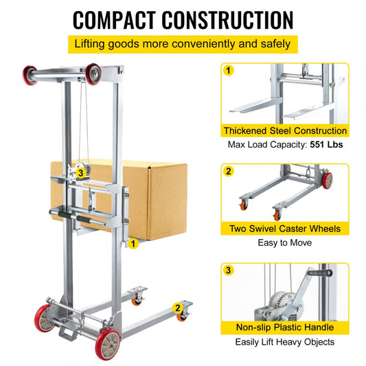 551 lbs Manual Winch Stacker - 63" Height Steel Lift with Adjustable Forks