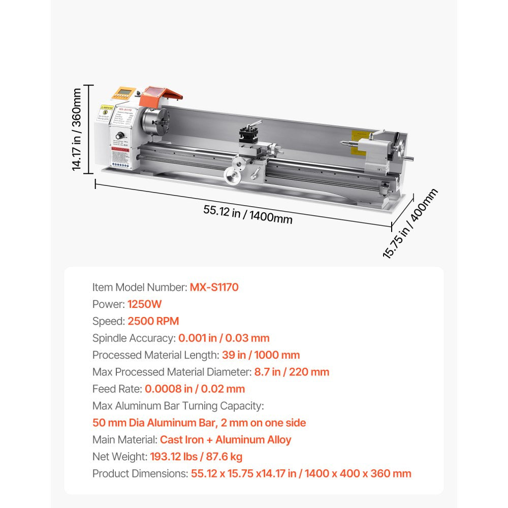 MX-S1170 - Precision Metal Lathe 8.7" x 39", Automatic Feeding System