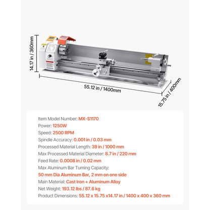 MX-S1170 - Precision Metal Lathe 8.7" x 39", Automatic Feeding System