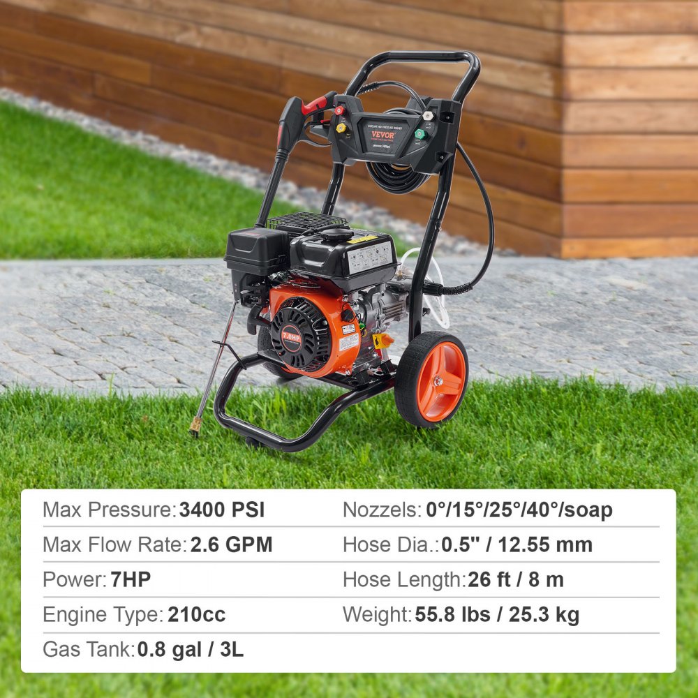 BS170D-SP - VEVOR 3400 PSI Gas Pressure Washer, Easy Mobility & Durable Design