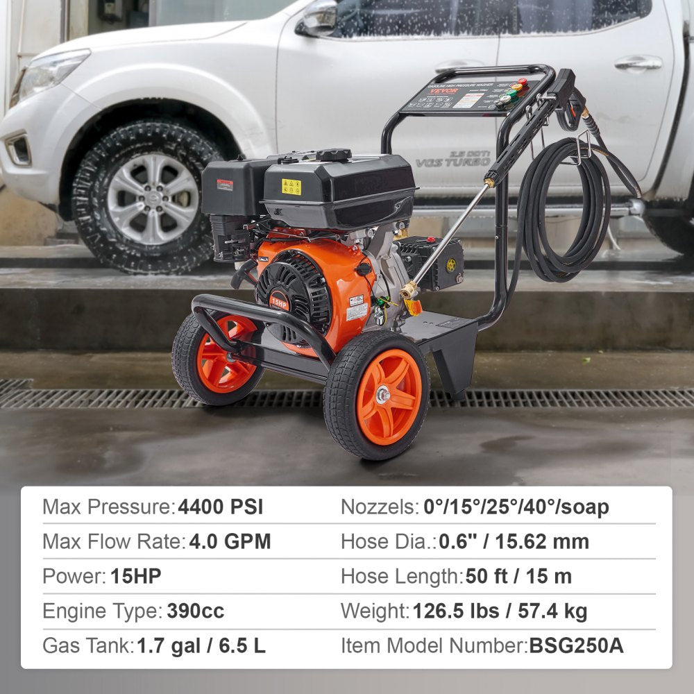 BSG250A - 4400 PSI Gas Pressure Washer with 5 Nozzles & 2-Wheel Cart
