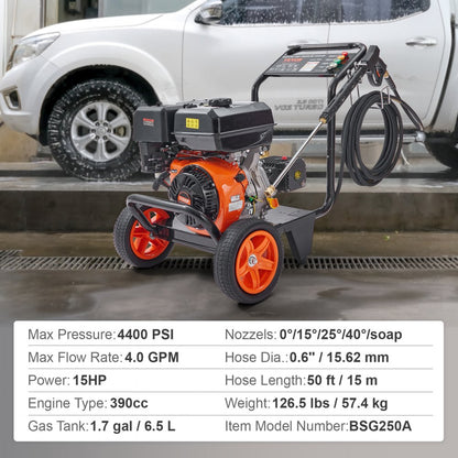 BSG250A - 4400 PSI Gas Pressure Washer with 5 Nozzles & 2-Wheel Cart