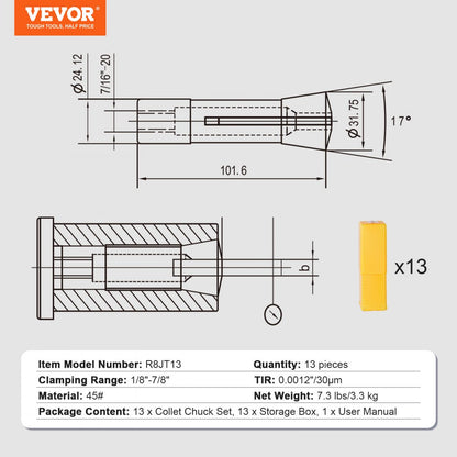 R8JT13 - Precision R8 Collet Set 1/8" to 7/8", TIR 0.0012 in