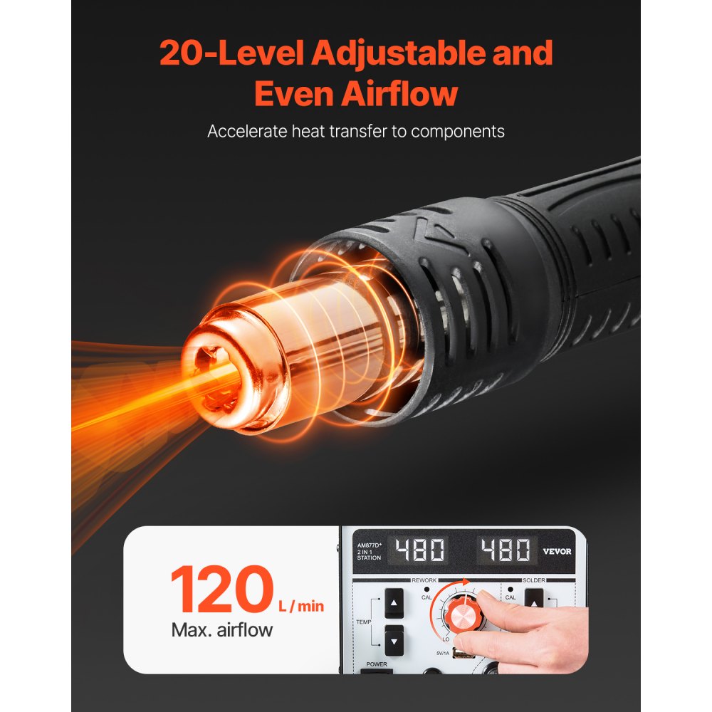 AM877D+ - 820W Dual Hot Air and Soldering Station with USB Charging
