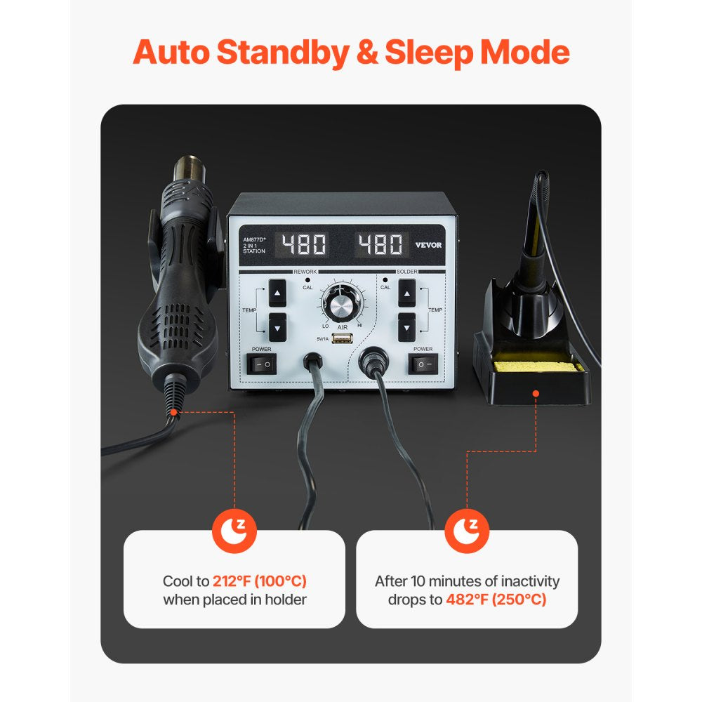 AM877D+ - 820W Dual Hot Air and Soldering Station with USB Charging