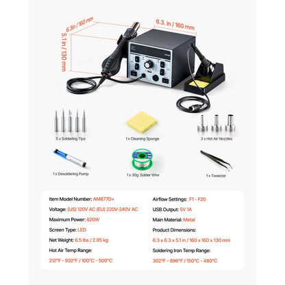 AM877D+ - 820W Dual Hot Air and Soldering Station with USB Charging