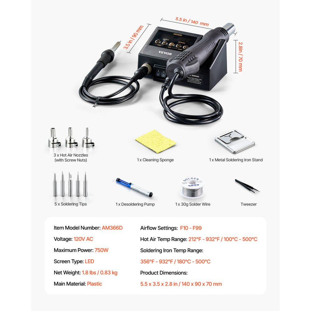 AM366D - 750W 2-in-1 Hot Air & Soldering Station with Adjustable Airflow