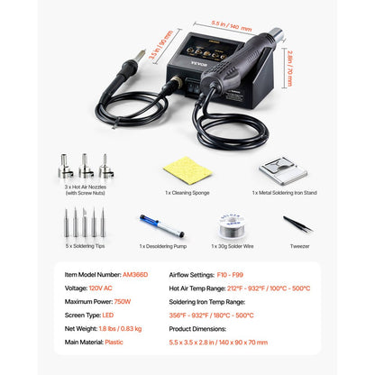 AM366D - 750W 2-in-1 Hot Air & Soldering Station with Adjustable Airflow