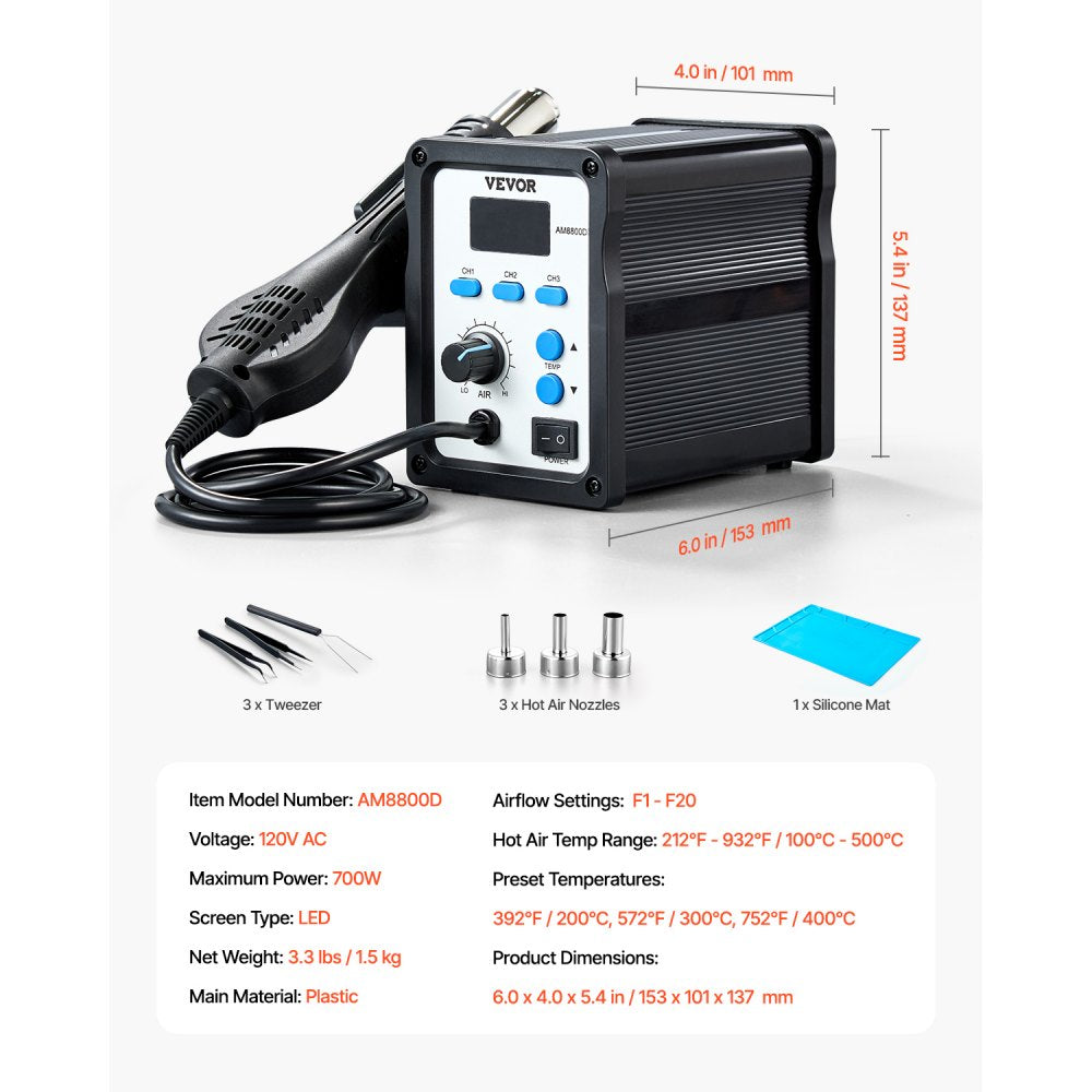 AM8800D - 700W Digital Hot Air Rework Station with Adjustable Airflow
