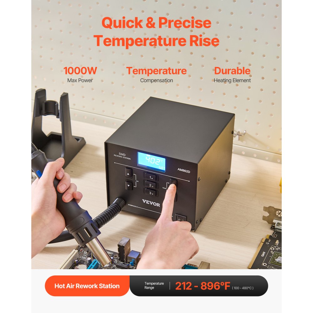 AM862D - 1000W Hot Air Rework Station with Digital Display and Safety Features