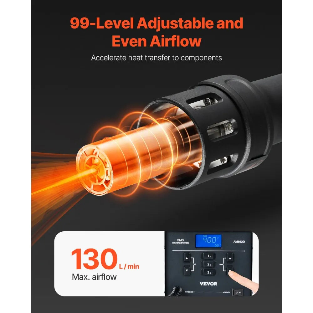 AM862D - 1000W Hot Air Rework Station with Digital Display and Safety Features