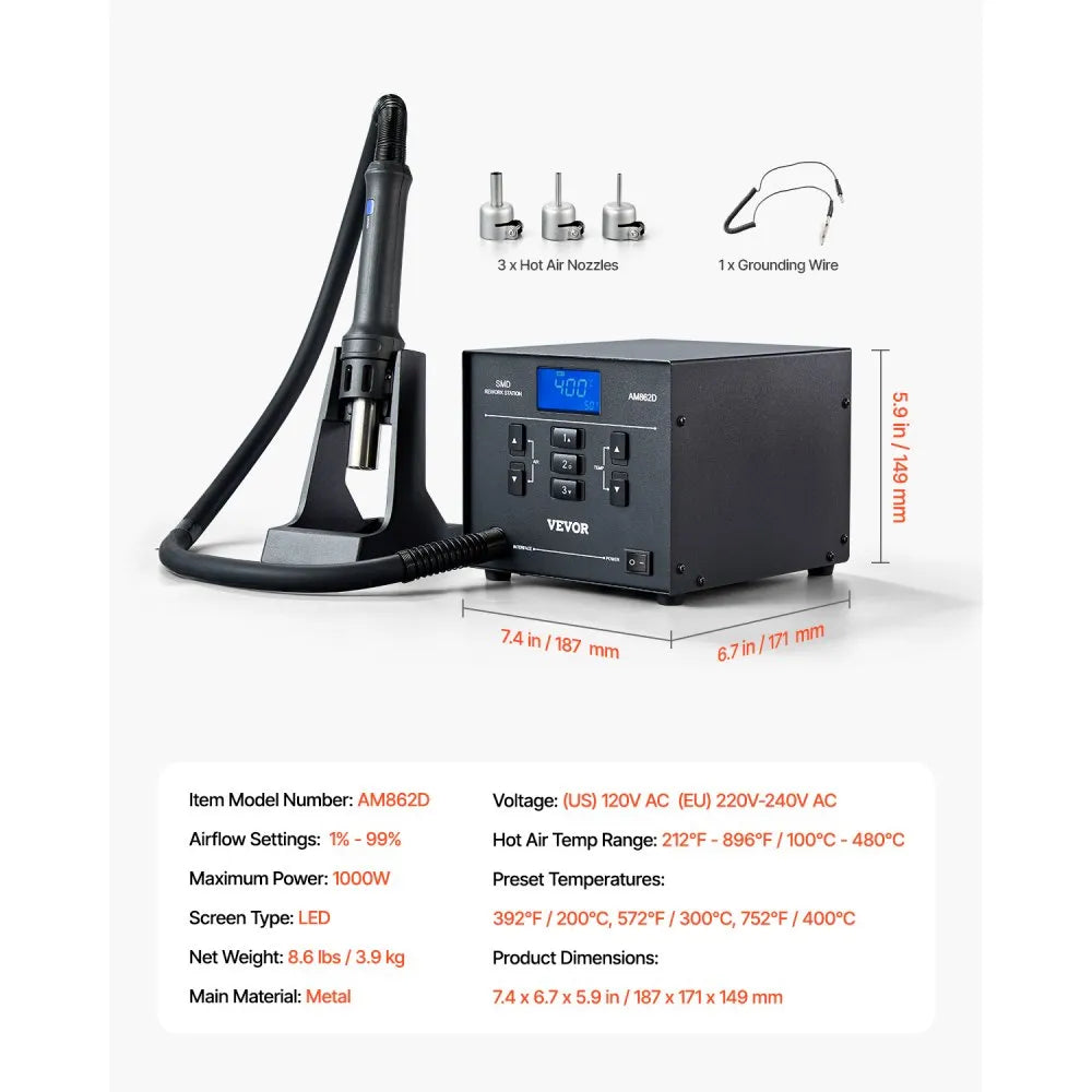 AM862D - 1000W Hot Air Rework Station with Digital Display and Safety Features