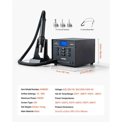 AM862D - 1000W Hot Air Rework Station with Digital Display and Safety Features