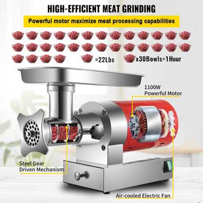 5G-22A - 1100W Stainless Steel Electric Meat Grinder with Dual Plates
