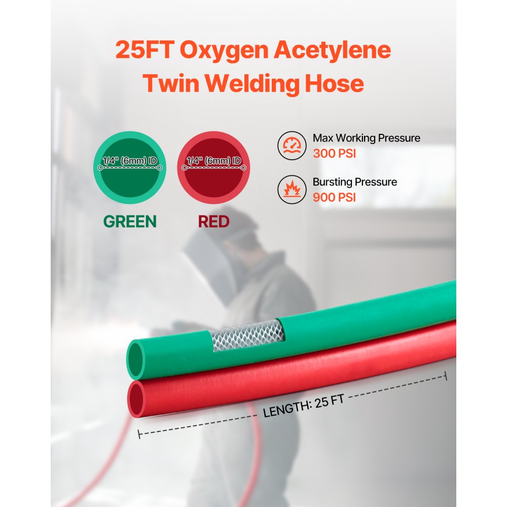 RTW1425A - 25FT Twin Hose for Oxygen & Acetylene, 300PSI Durable Rubber