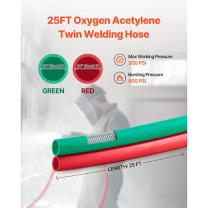 RTW1425A - 25FT Twin Hose for Oxygen & Acetylene, 300PSI Durable Rubber