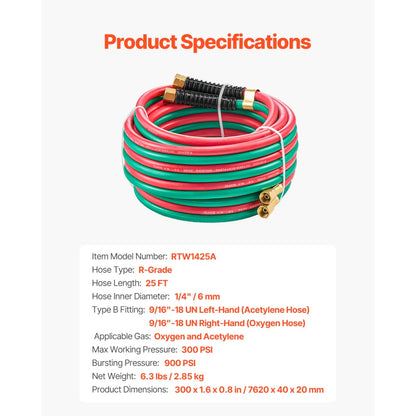 RTW1425A - 25FT Twin Hose for Oxygen & Acetylene, 300PSI Durable Rubber