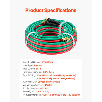 RTW1450A - Durable 50FT Oxygen Acetylene Hose, 1/4-inch, 300 PSI Rated