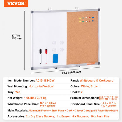 A015-1824CW - 24"x18" VEVOR Whiteboard & Cork Board Combo for Organization