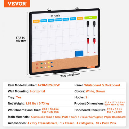 A210-1824CPW - 24" x 18" Multi-Function Cork Board with Calendar and Whiteboard