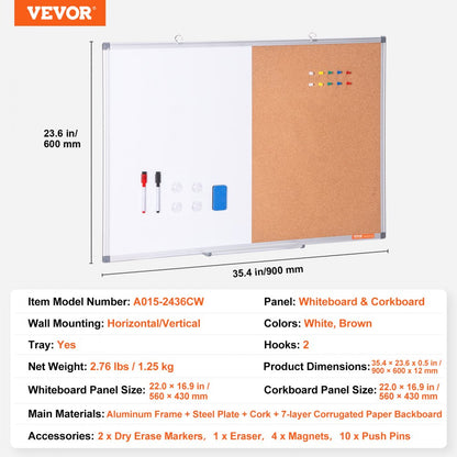 A015-2436CW - 36"x24" Whiteboard-Cork Board Combo with Marker Tray
