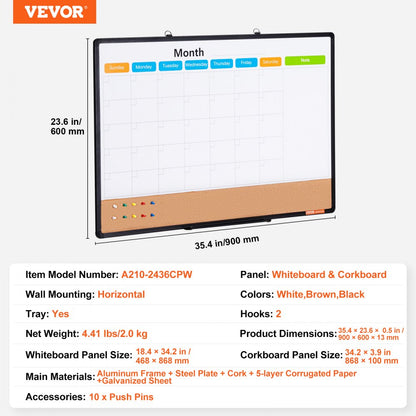 A210-2436CPW - 36"x24" VEVOR Calendar & Cork Board Combo with Tray