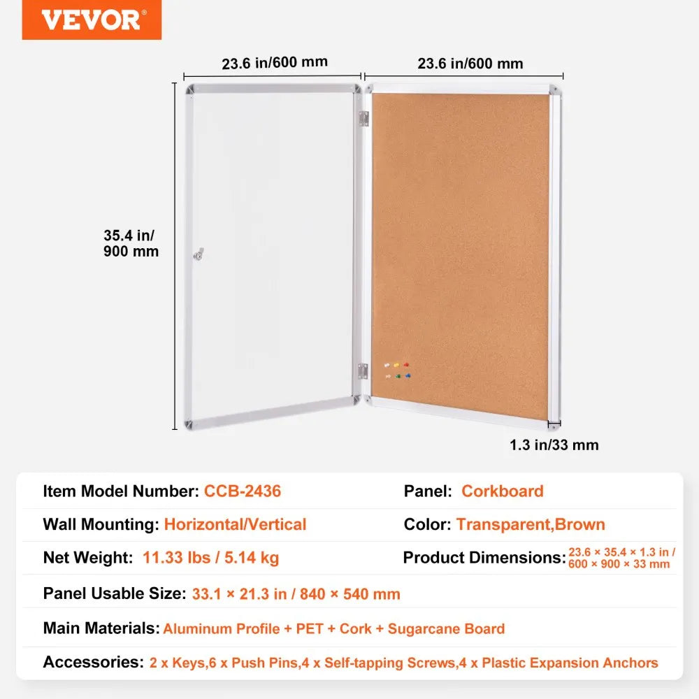 CCB-2436 - 36"x24" Lockable Aluminum Framed Cork Board