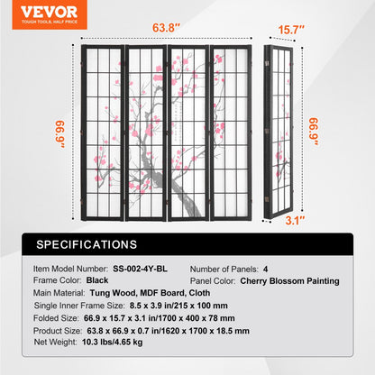 SS-002-4Y-BL - 64-inch Japanese Room Divider with Ink Painting Design