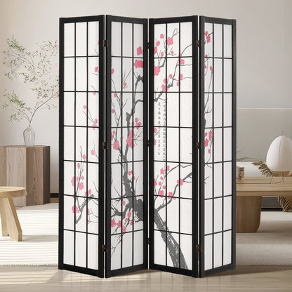 SS-002-4Y-BL - 64-inch Japanese Room Divider with Ink Painting Design