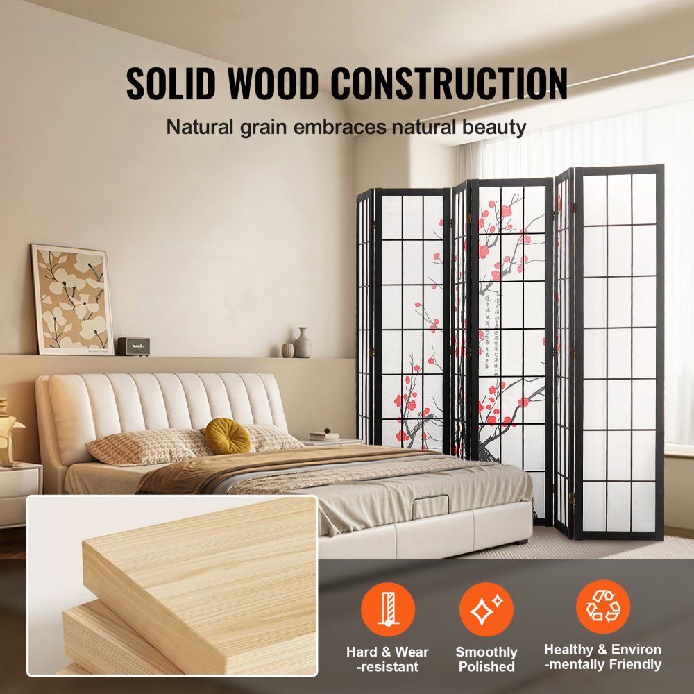 SS-002-6Y-BL - 95in Japanese Style Wood Room Divider with 6 Panels