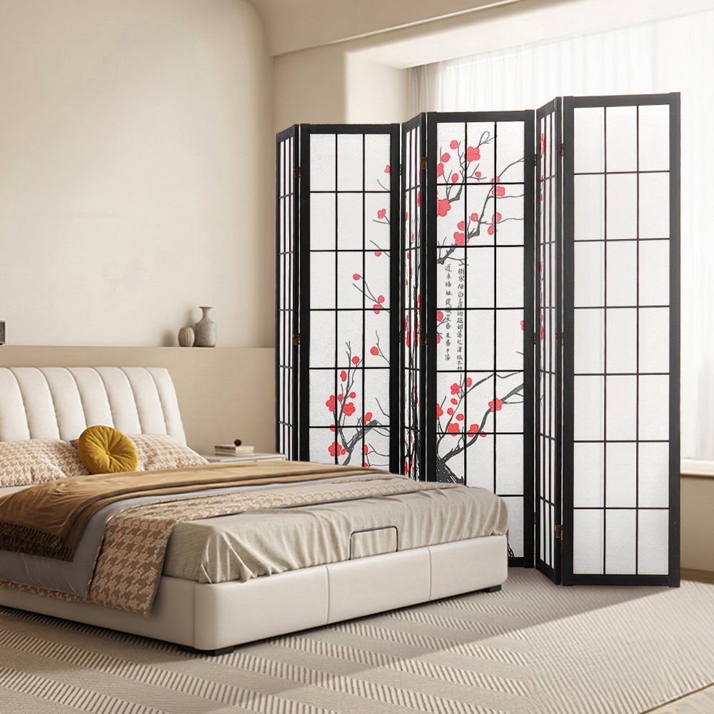 SS-002-6Y-BL - 95in Japanese Style Wood Room Divider with 6 Panels