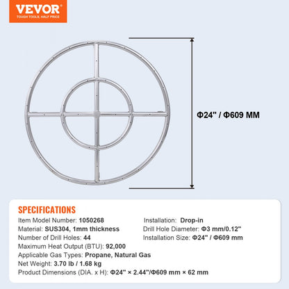 1050268 - 24'' Stainless Steel Fire Pit Pan, 92,000 BTU with CSA Valves