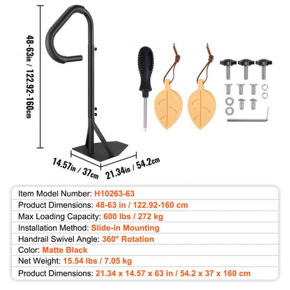 H10263-63 - Adjustable 48-63" Black Hot Tub Handrail with 360° Rotation