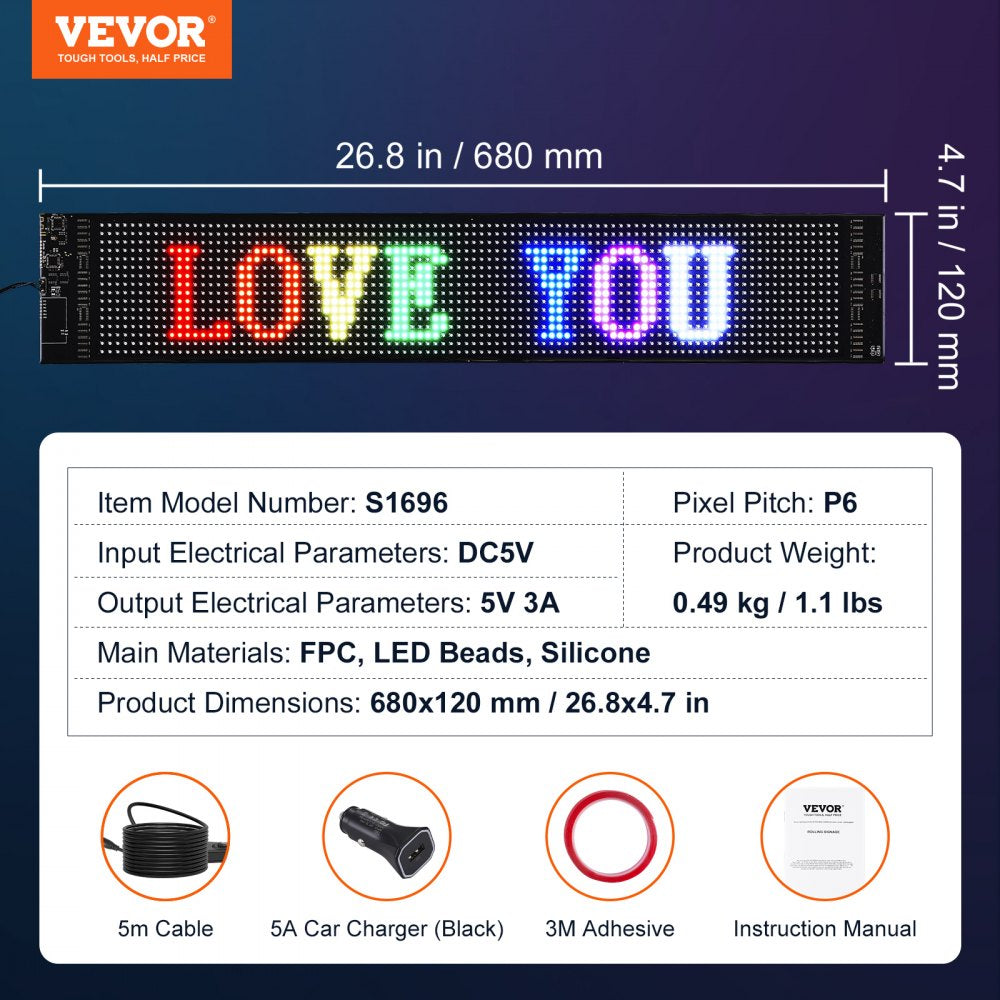 S1696 - VEVOR 27"x5" Bluetooth Programmable LED Sign for Displays